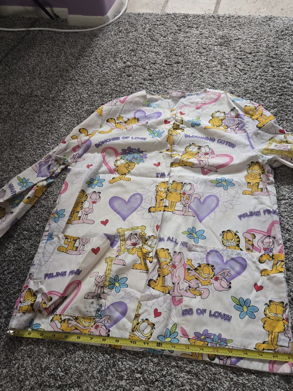 Garfield Cartoon Print Medical Scrub Top - White with Yellow & Purple - Picture 12 of 16
